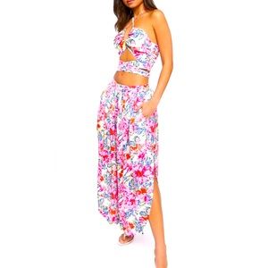 Floral Print Spring/Summer Halter Top & Wide Leg Slit Pants